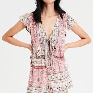 pink american eagle flutter sleeve tie front top